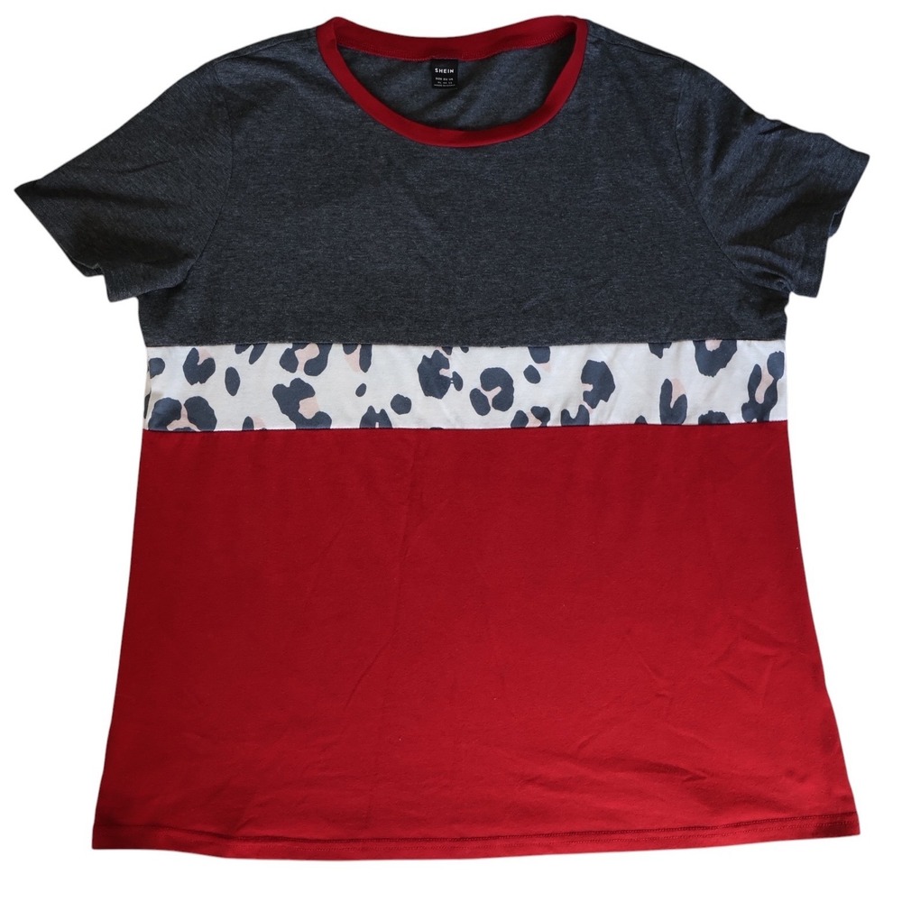 Shein Womens XL‎ Colorblock Leopard Stripe T-Shirt Grey Red Crewneck Tee